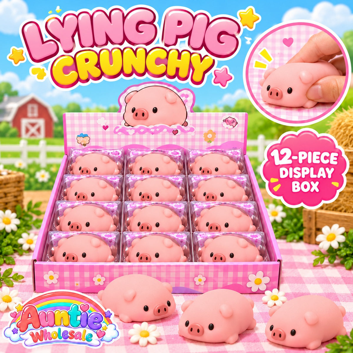 12pc Lying pig Crunchy squishy display box - solid pink pigs