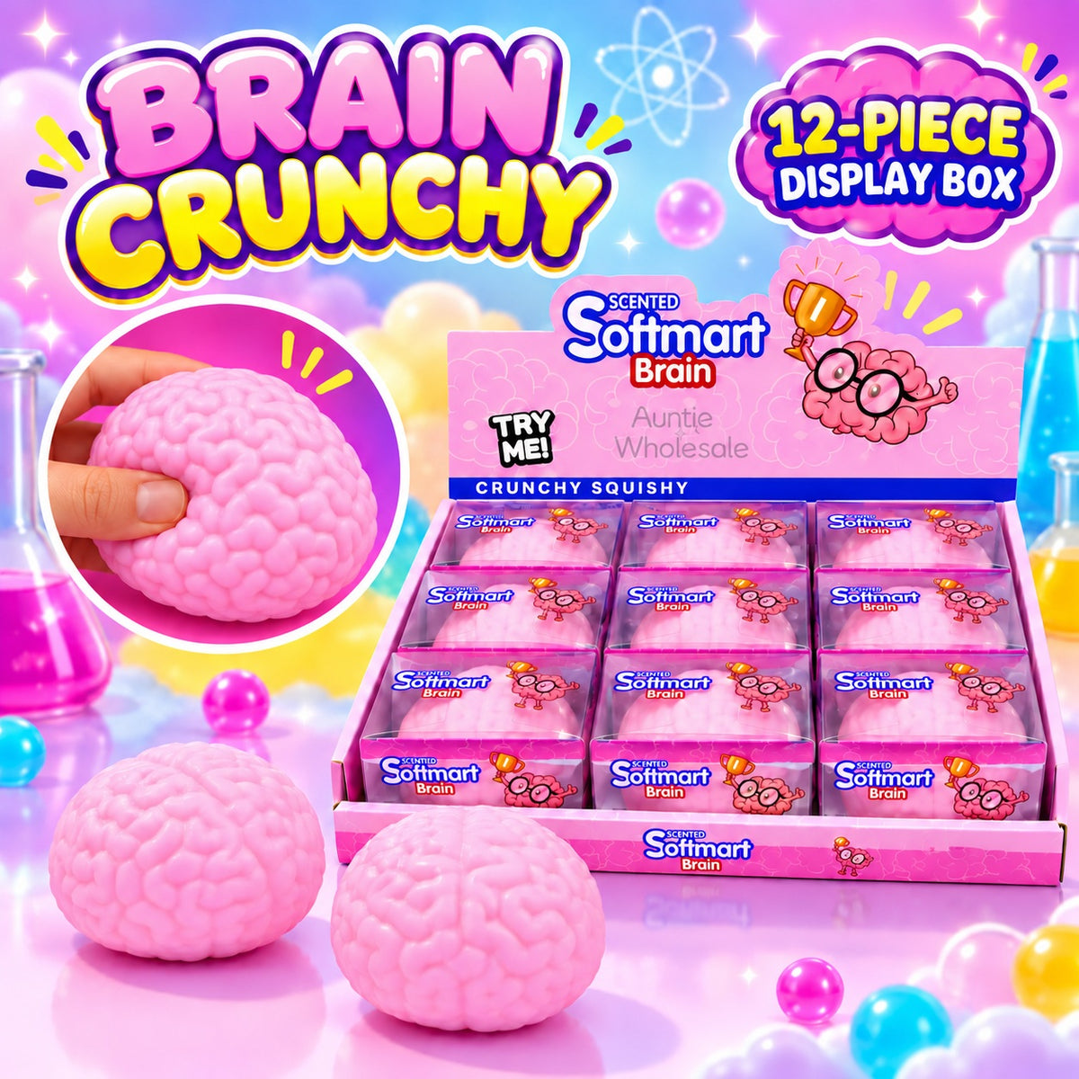 12pc Brain Crunchy squishy display box with Auntie Wholesale watermark