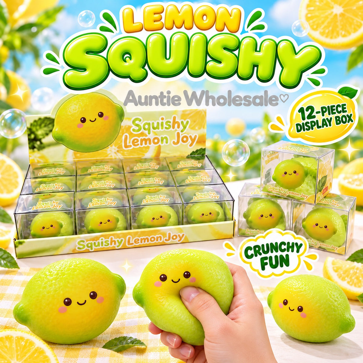 12-piece lemon crunchy squishy display box by Auntie Wholesale