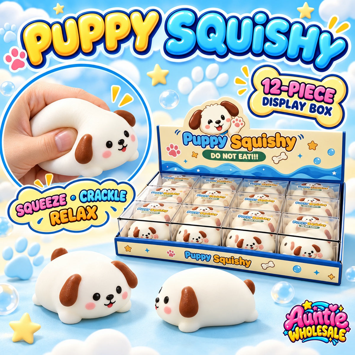 12-piece lying puppy crunchy squishy display box by Auntie Wholesale