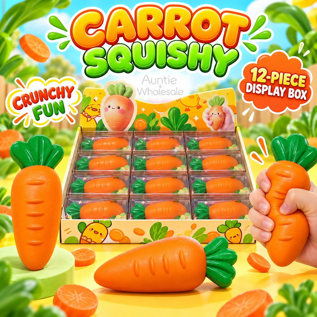 12-piece carrot crunchy squishy display box by Auntie Wholesale