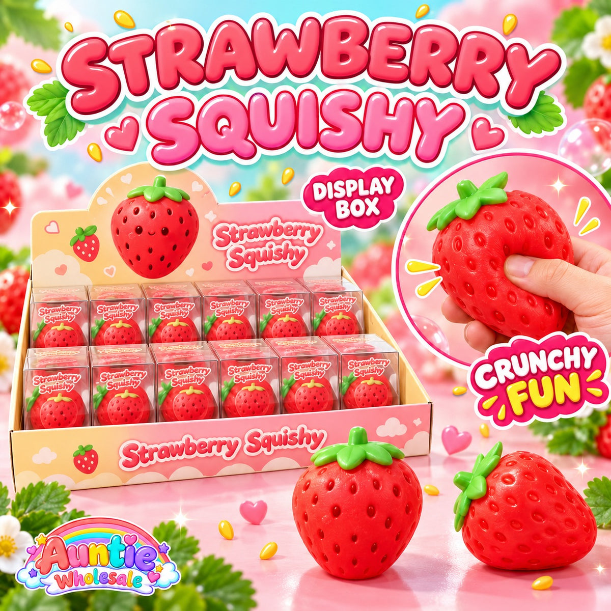 Strawberry crunchy squishy display box by Auntie Wholesale