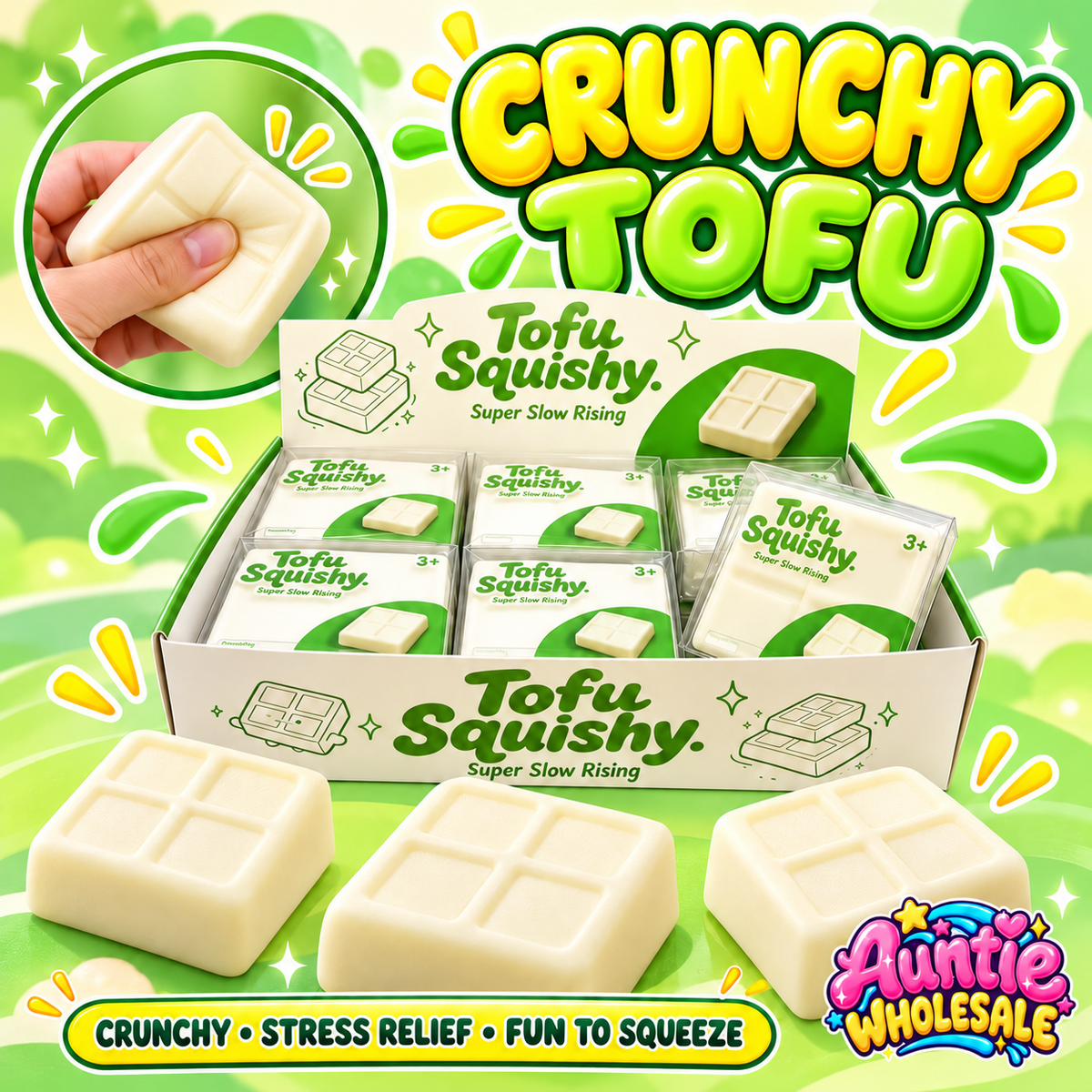 Crunchy tofu squishy 12-piece wholesale display