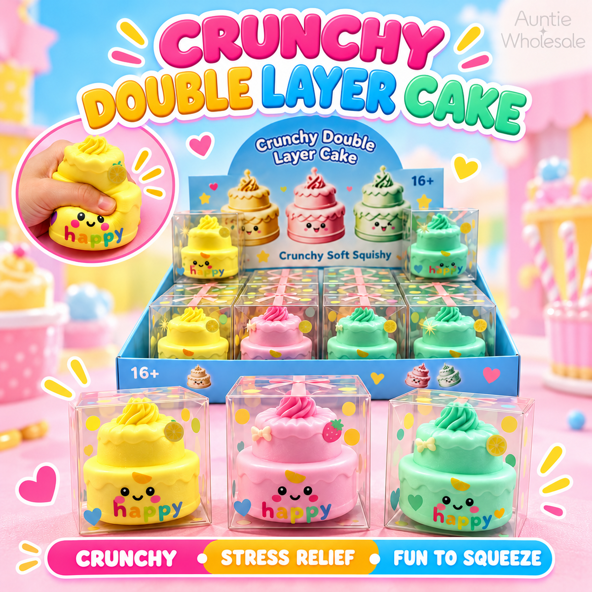 Crunchy double layer cake squishy 12-piece wholesale display