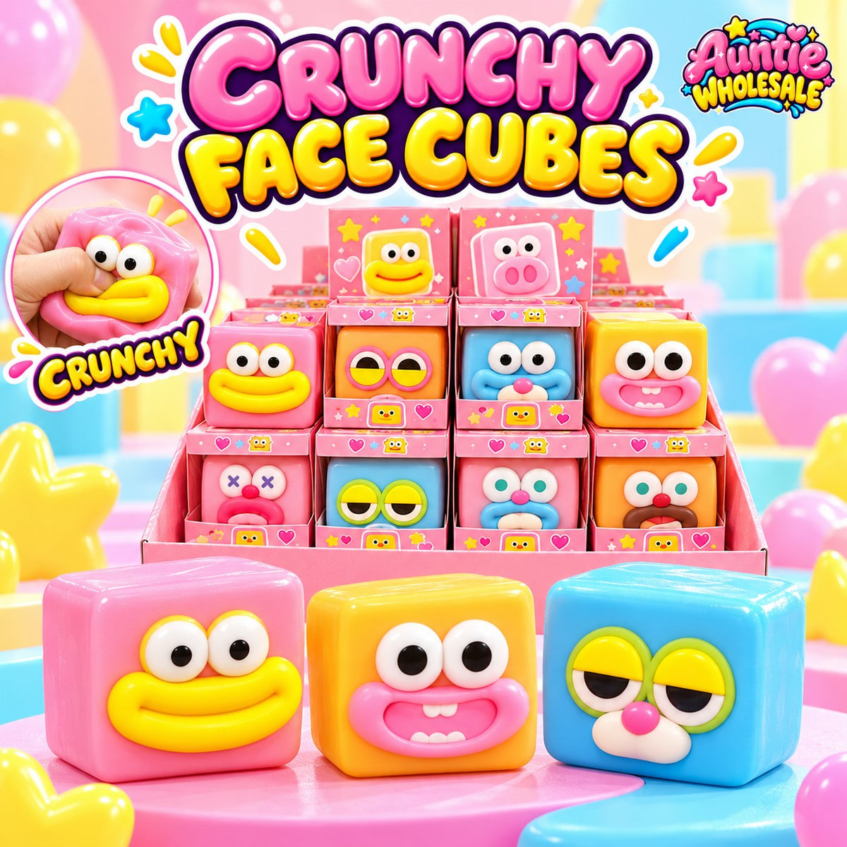 Crunchy face cube squishy 12-piece wholesale display