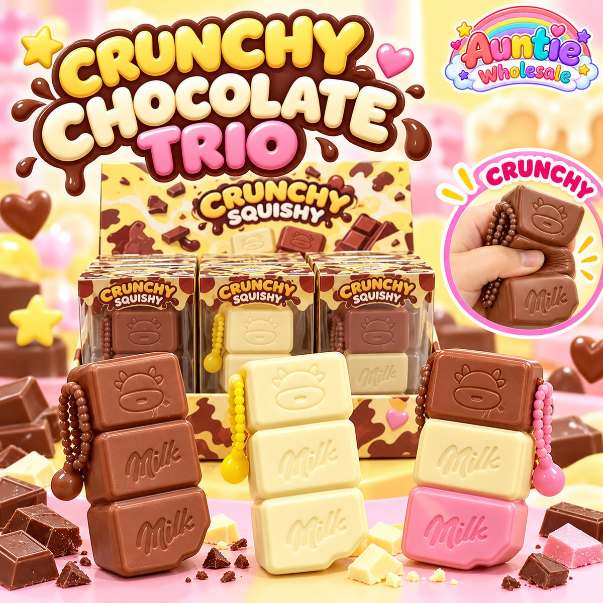 Crunchy chocolate trio squishy 12-piece wholesale display