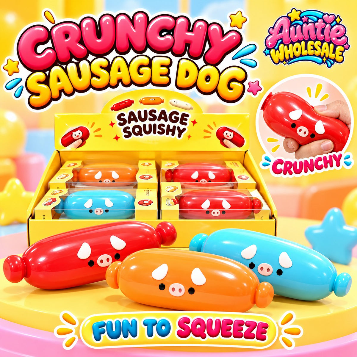 Crunchy sausage dog squishy 12-piece wholesale display