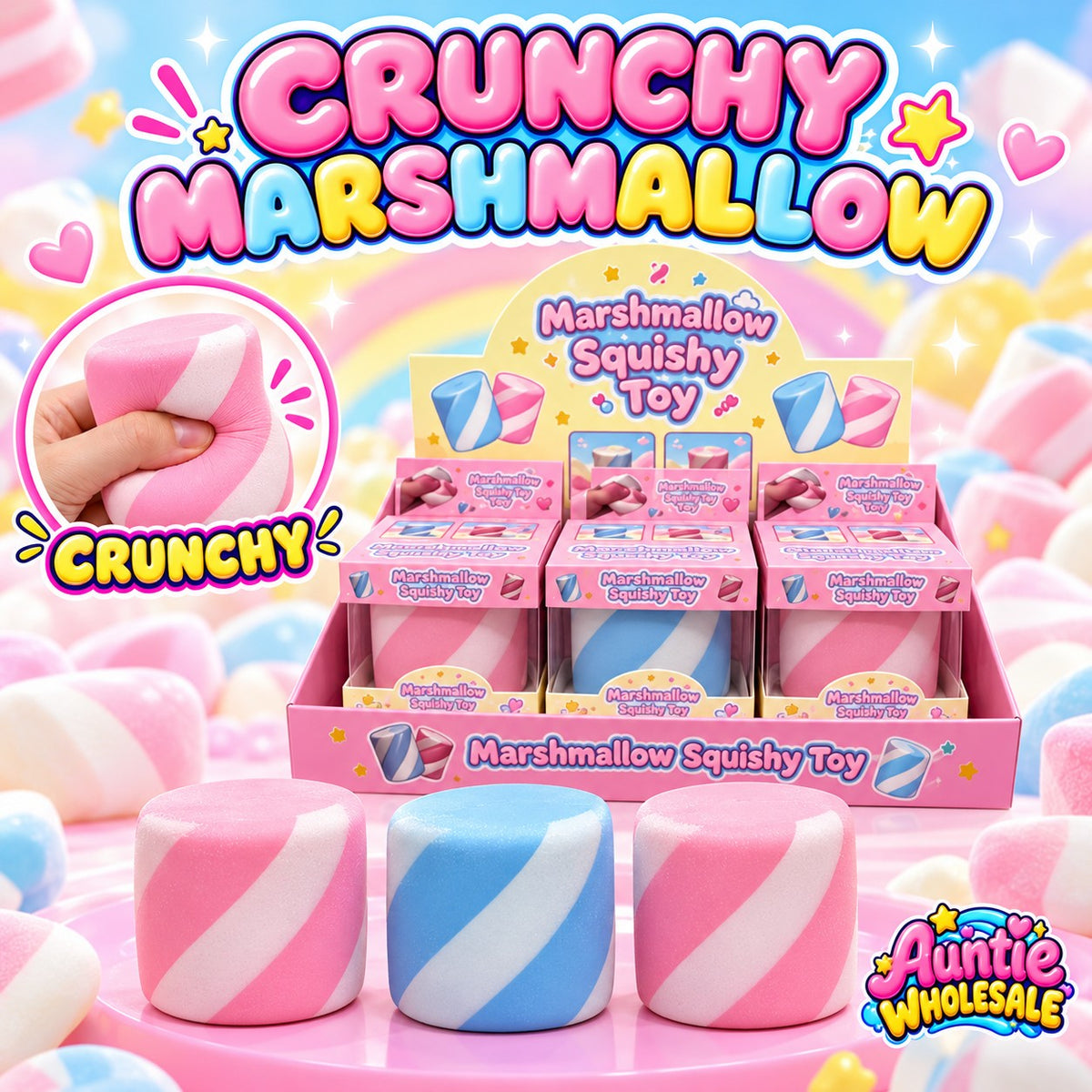 Crunchy marshmallow squishy 12-piece wholesale display