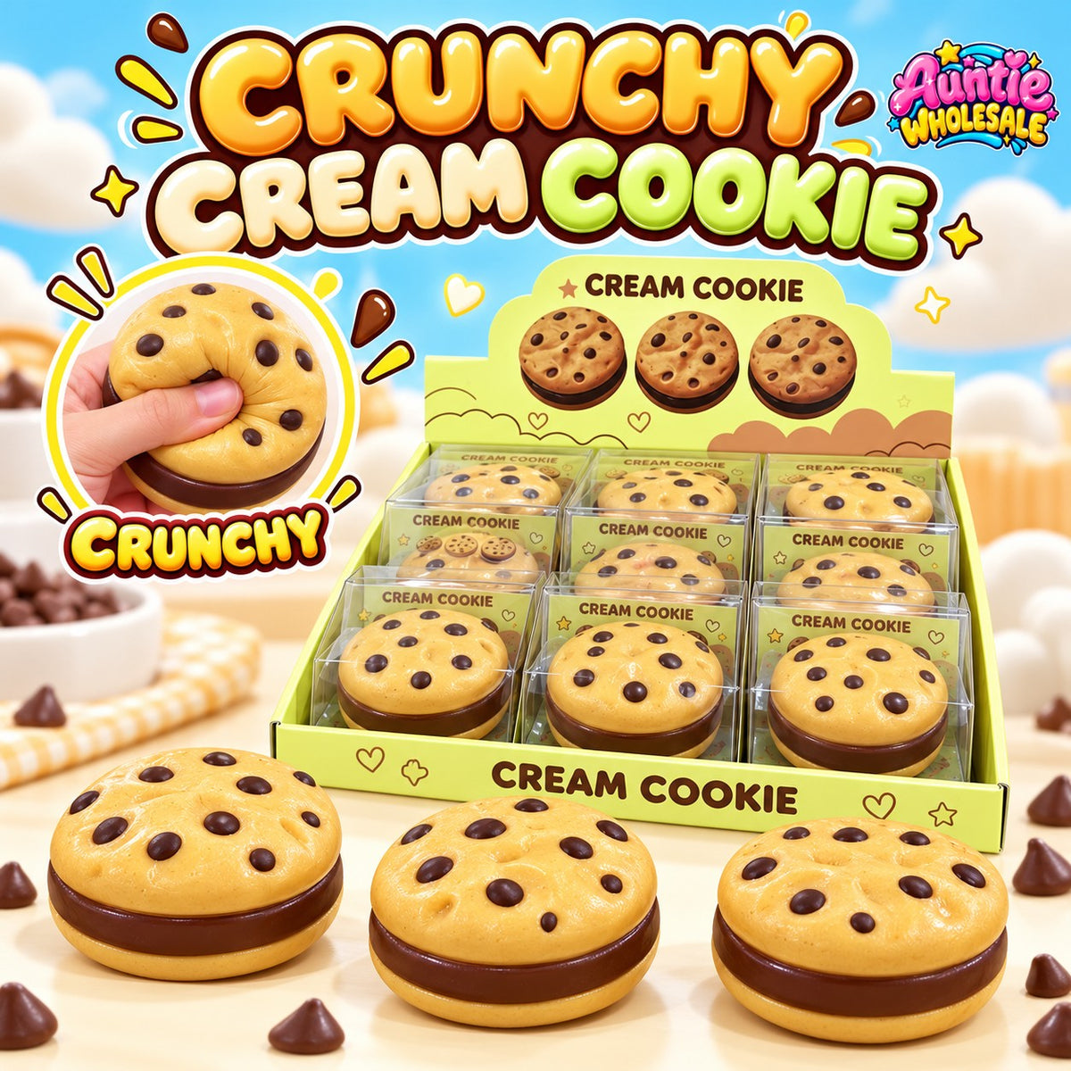 Crunchy chocolate chip cream cookie squishy 12-piece wholesale display