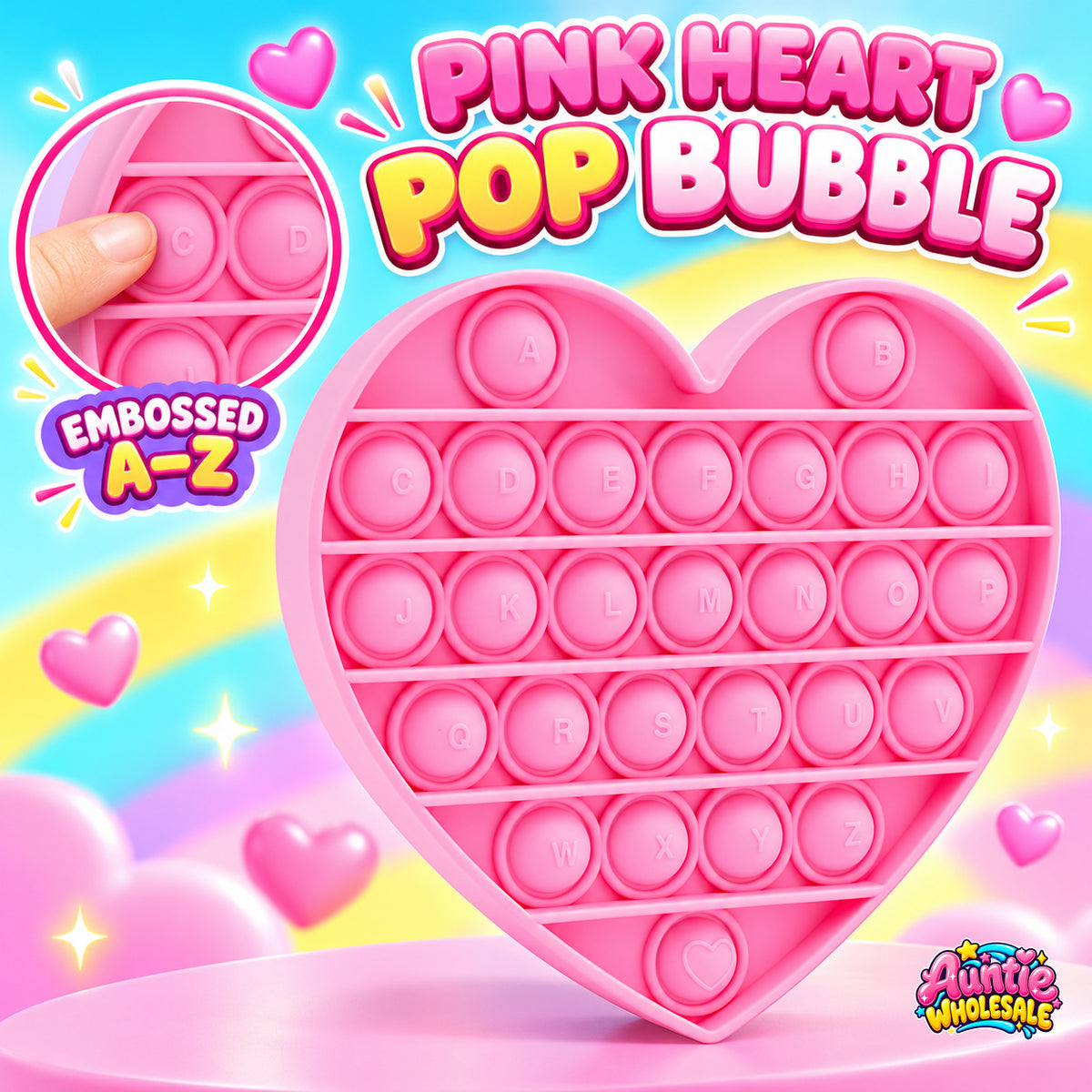 pink alphabet heart pop bubble with embossed A–Z and popping demonstration