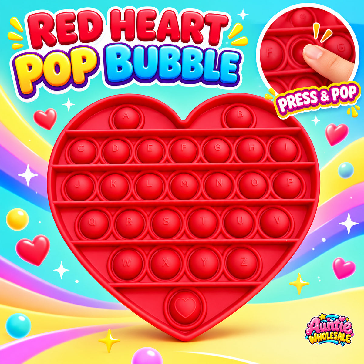 red alphabet heart pop bubble with embossed A–Z and popping demonstration